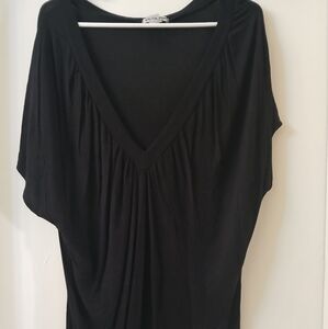 (#267) Women's American Dream Basic Black V-Neck Blouse W/Banded Hem Size Large